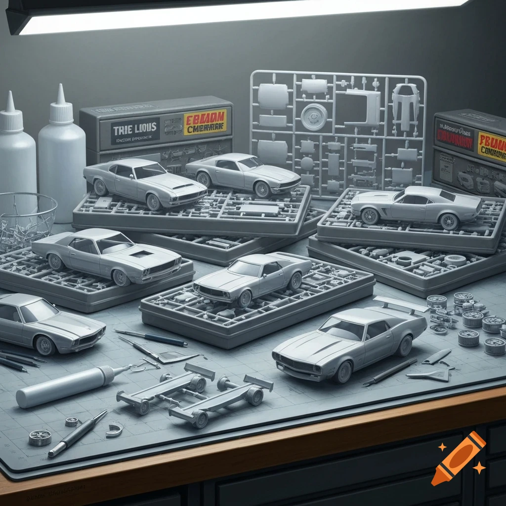 An assortment of unbuilt and partially assembled gray model kit cars, sprues, and hobby tools on a gray cutting mat.