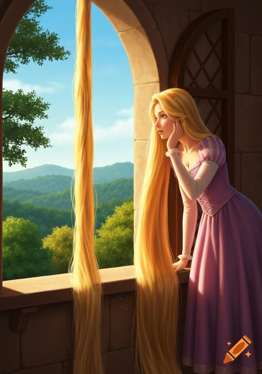 A long-haired blonde princess in a purple dress looks out from a stone balcony at a green, mountainous landscape.