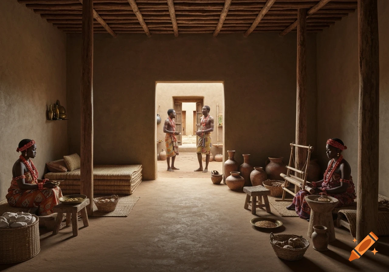 Realistic depiction of an Edo family's daily life in a 15th-16th century Benin City home, with two men talking, a woman weaving, and another preparing food.