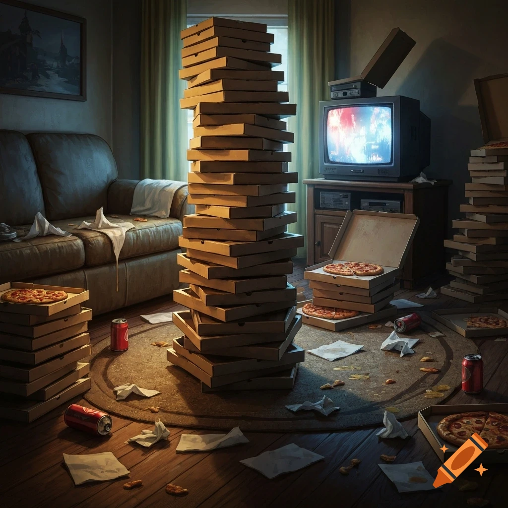 A messy living room with towering stacks of pizza boxes, open pizza boxes with pizzas, discarded cans, and napkins on the floor.