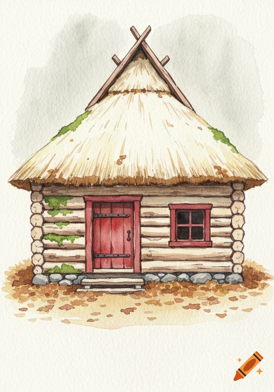 Front view watercolor painting of a rustic medieval lumberjack shack with a thatched roof, red door, and moss accents.