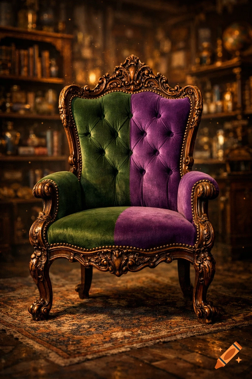 An ornate, velvet armchair, split green and purple, stands in a dimly lit antique study with bookshelves.