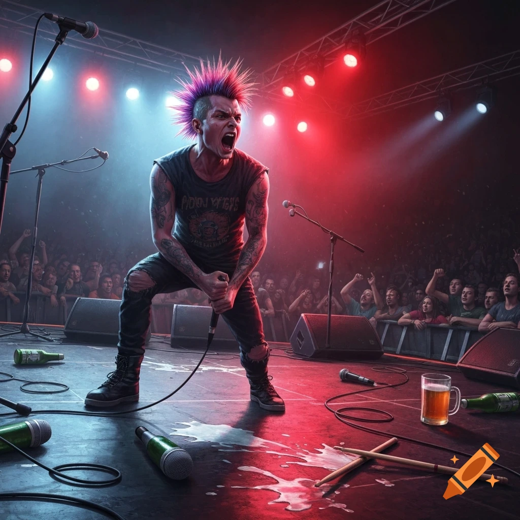 A punk rock musician with a vibrant pink mohawk screams into a microphone on stage, bathed in red and blue lights, with an energized crowd in the background.