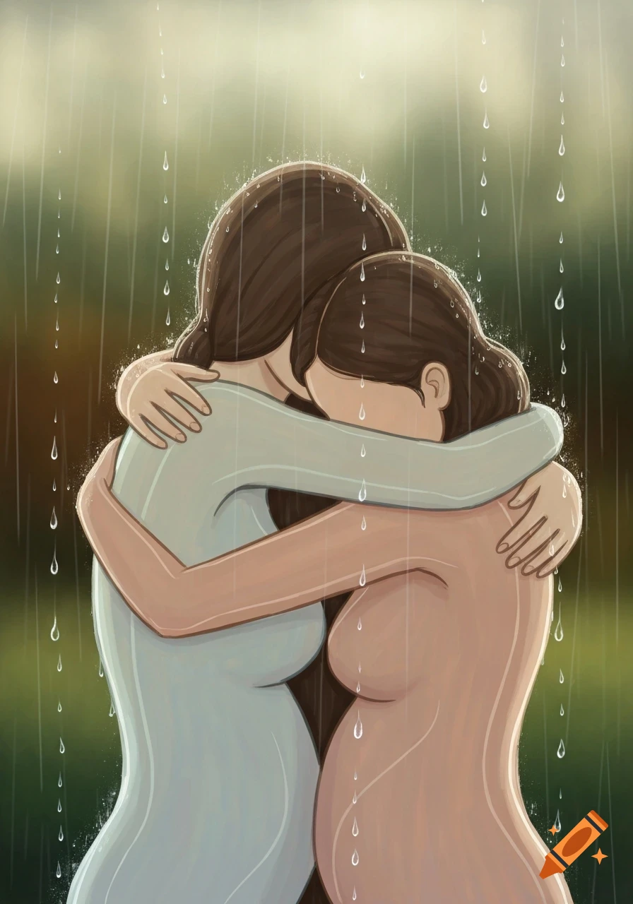 Stylized illustration of two women embracing in the rain, one clothed, one nude and pregnant.