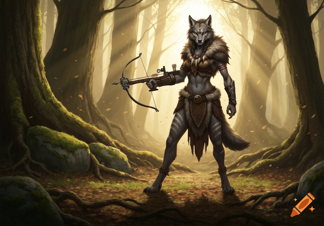 A fierce wolf girl huntress with a crossbow stands in a sunlit fantasy forest.