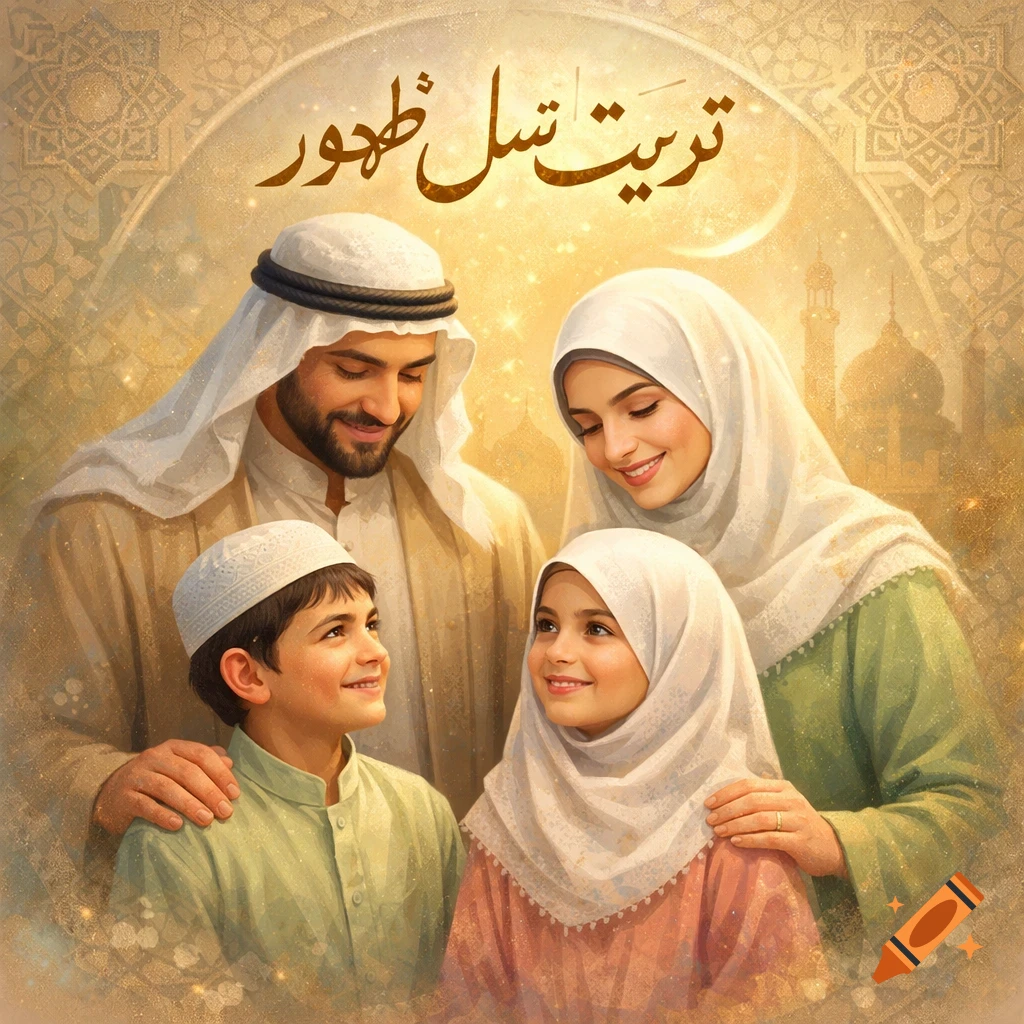Smiling Middle Eastern family in traditional attire with Arabic text and mosque silhouette in a golden, ornate background.