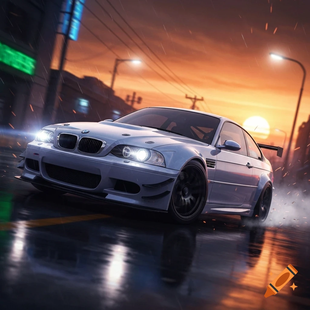 A grey BMW M3 GTR speeds down a wet street at sunset, headlights blazing, with smoke from its tires.