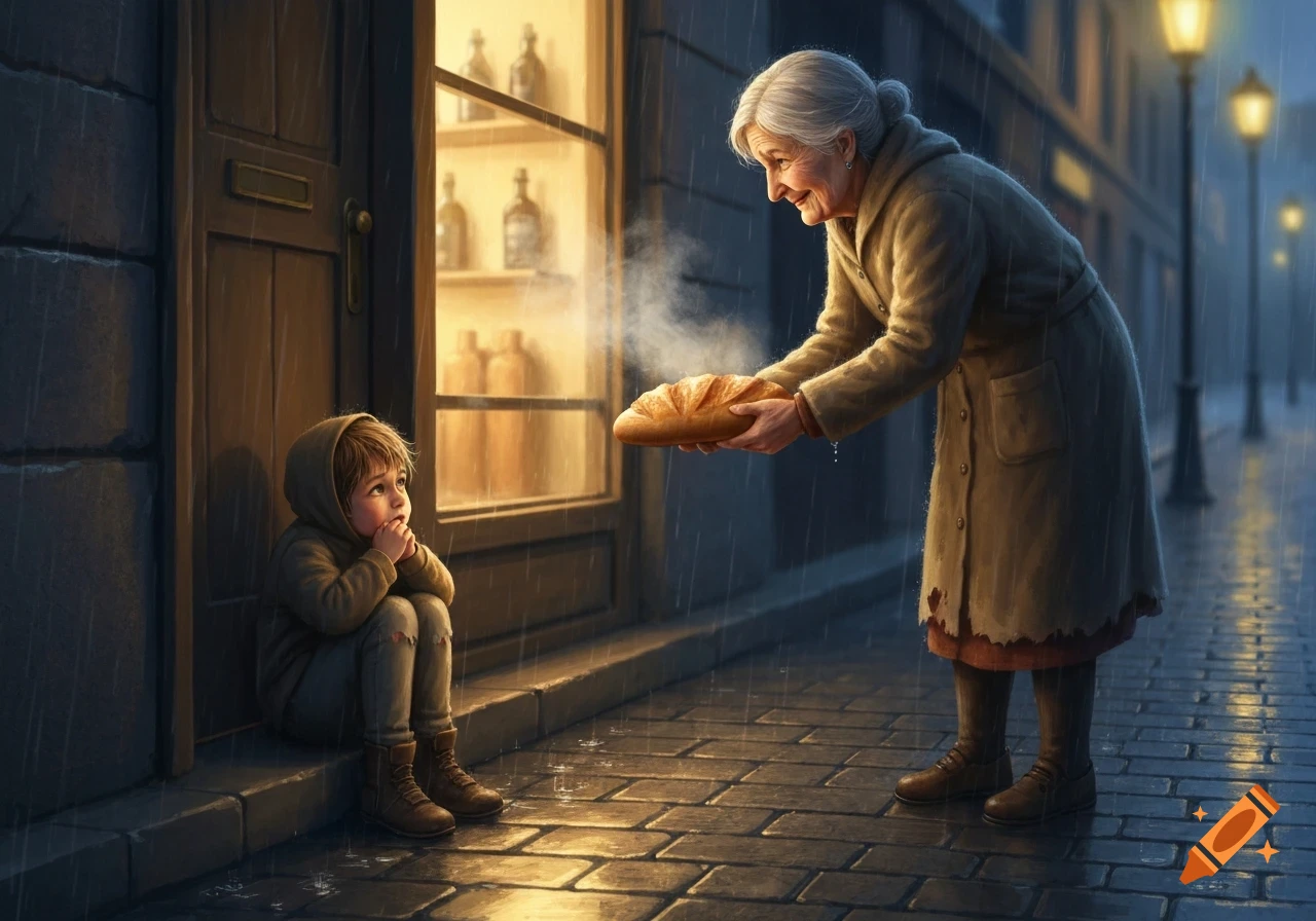 An old woman offers a steaming loaf of bread to a young child sitting on a wet city street in the rain at night, illuminated by warm lights.