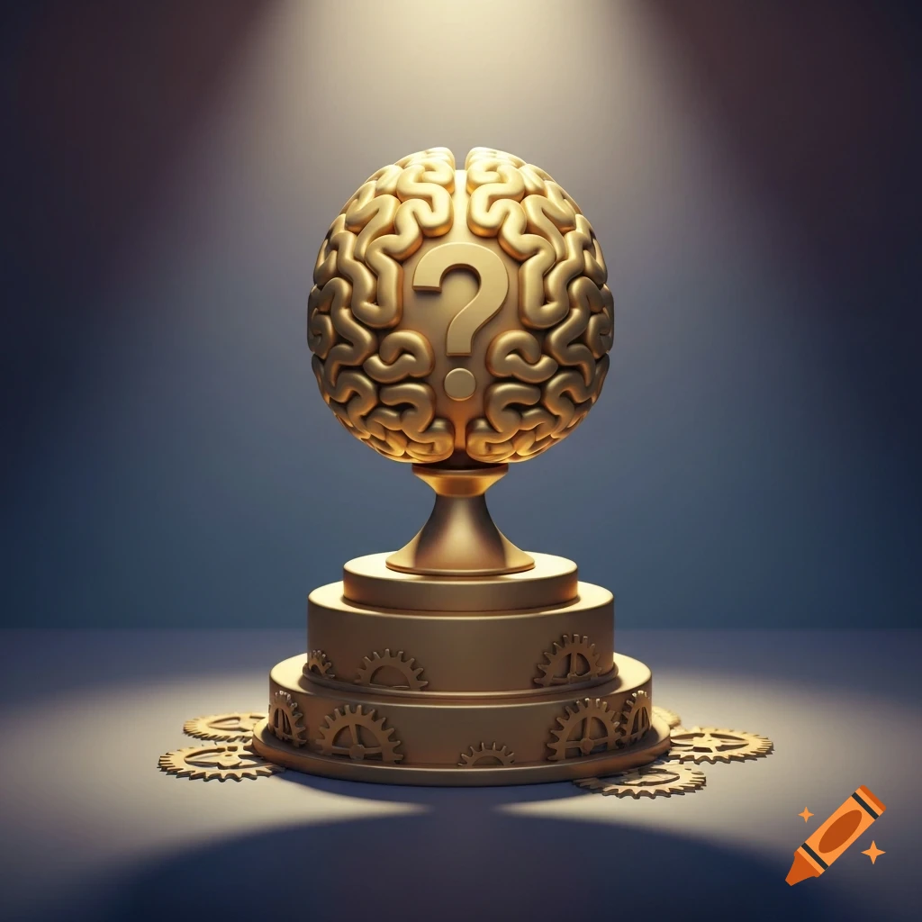 A gleaming golden trophy shaped like a brain with a question mark, resting on a tiered base adorned with gears, under a spotlight.