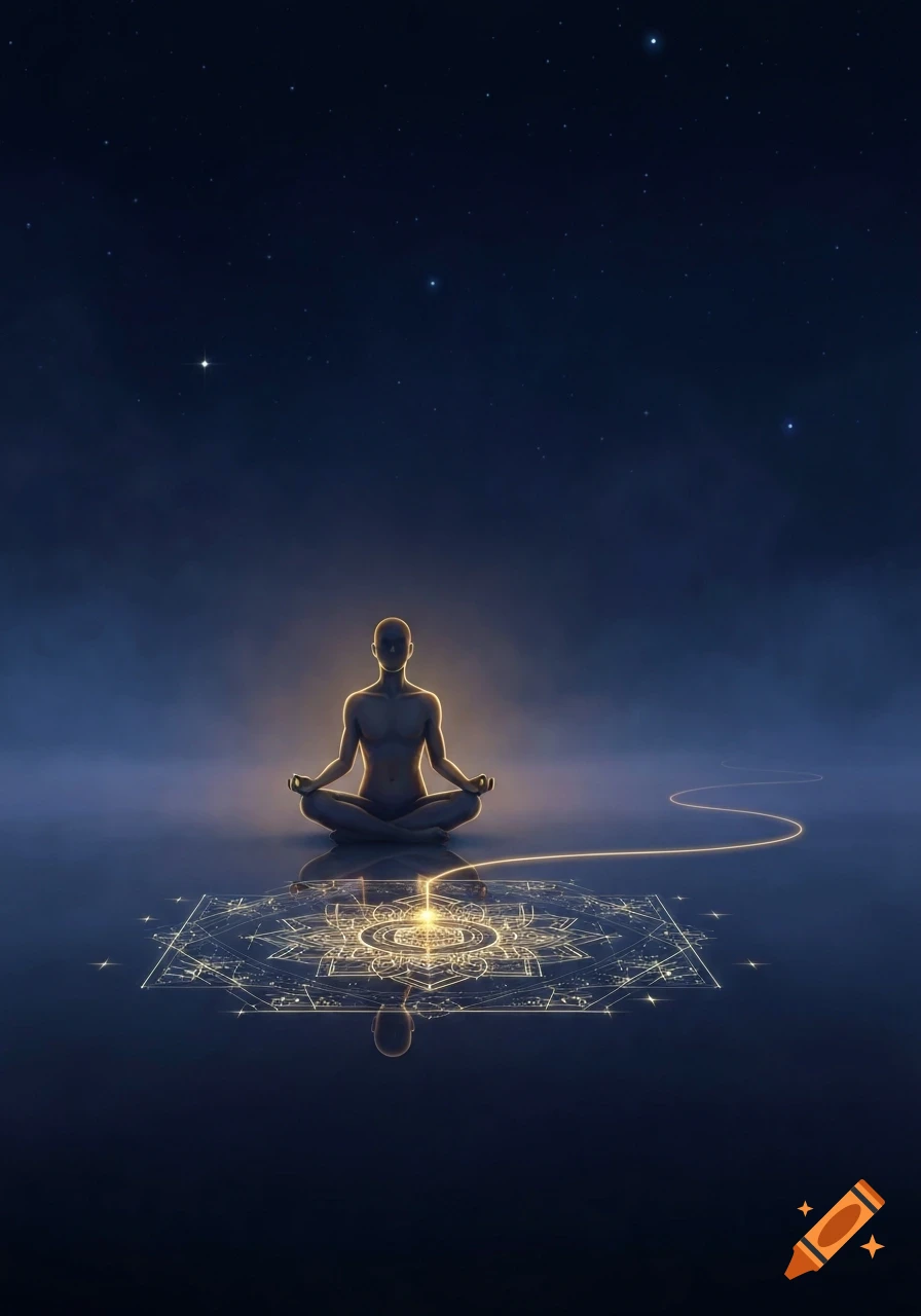 A glowing, stylized human figure meditates in a cross-legged pose on a reflective surface with intricate geometric patterns under a starry night sky.