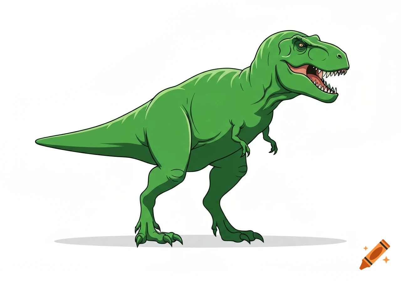 A cartoon green Tyrannosaurus Rex stands with its mouth open on a white background, casting a light shadow.