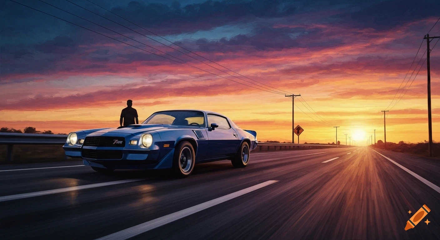 Blue 1970s Camaro Z28 with a man on a highway, vibrant sunset in painterly illustration style.