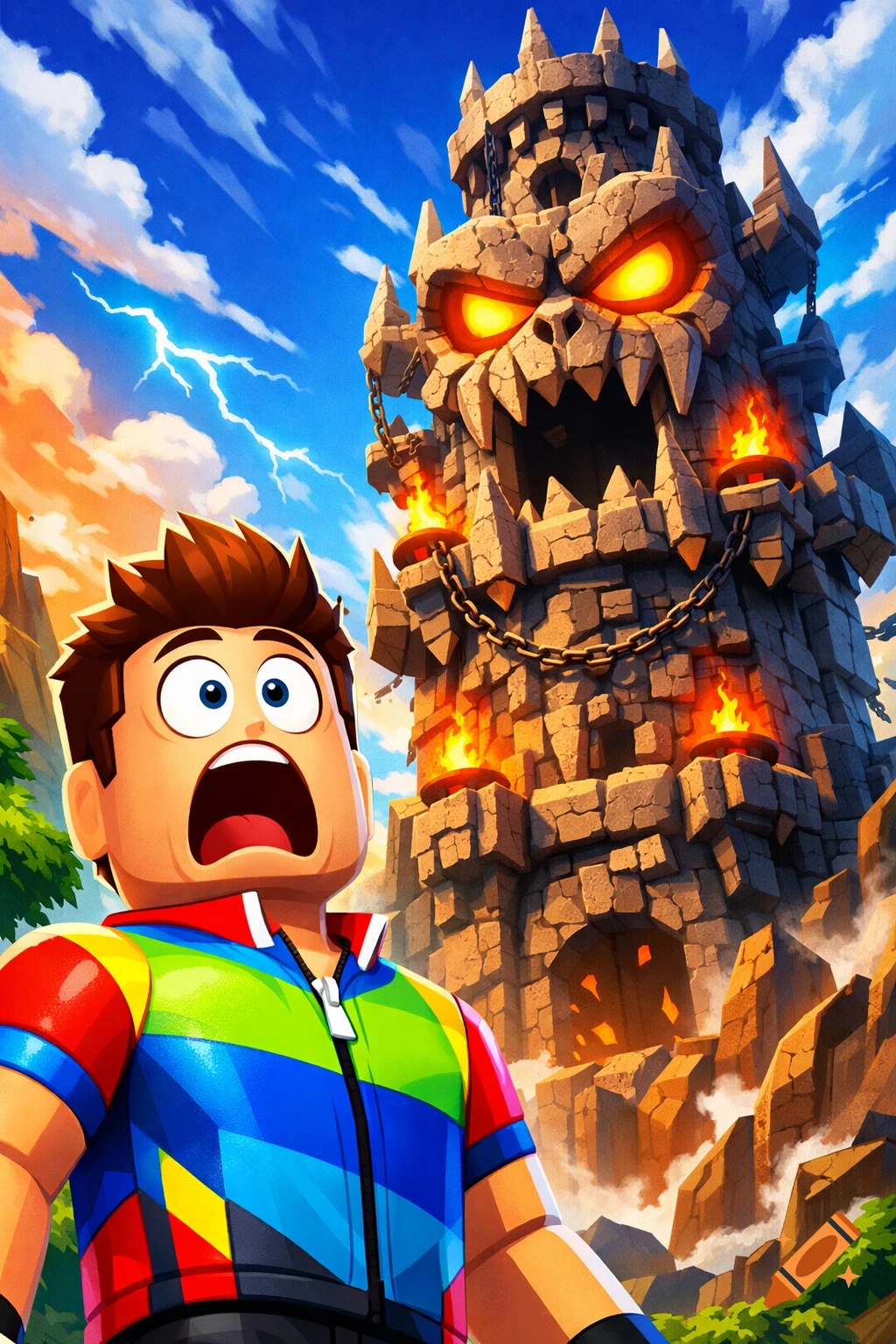 A surprised Roblox-style man in a colorful jersey looks up at a menacing, glowing-eyed stone troll tower under a stormy sky with lightning.