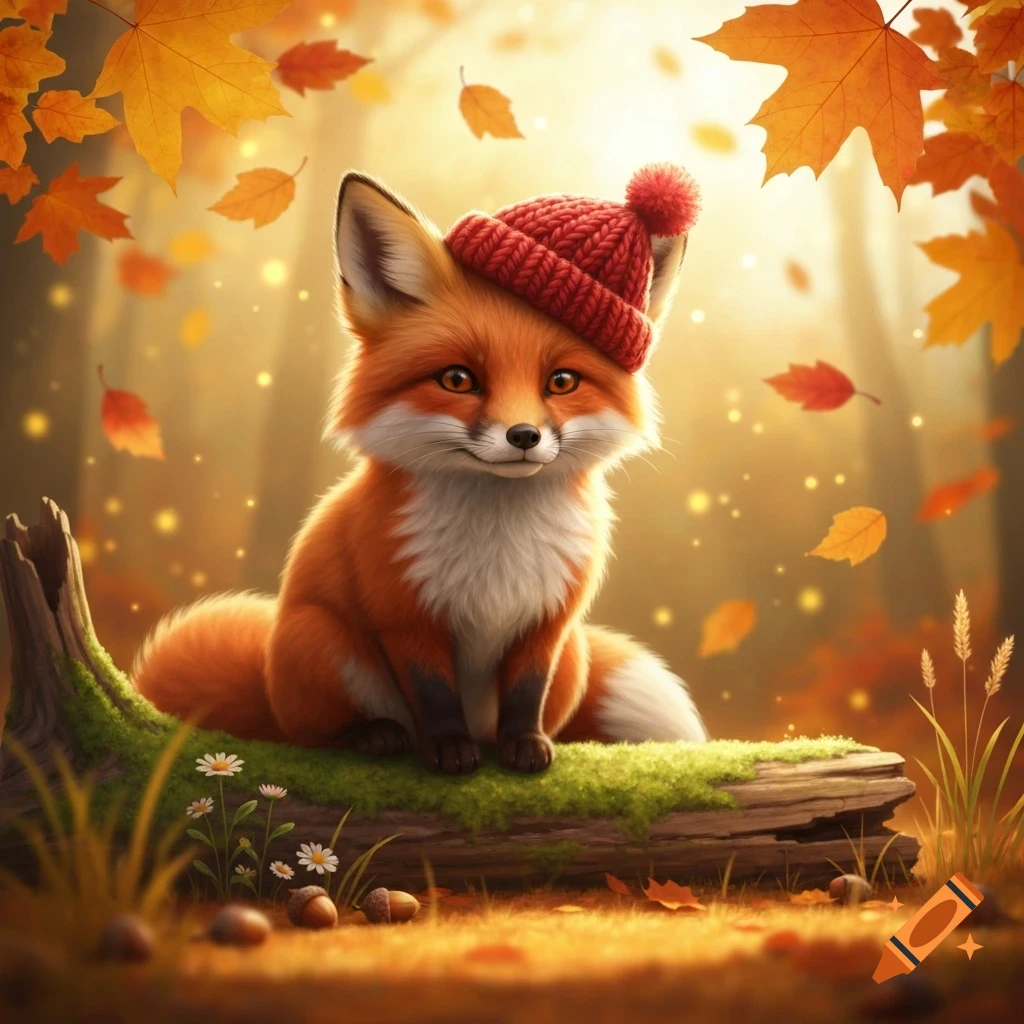 A cute, stylized fox wearing a red knitted hat sits on a mossy log in an autumn forest with falling maple leaves.