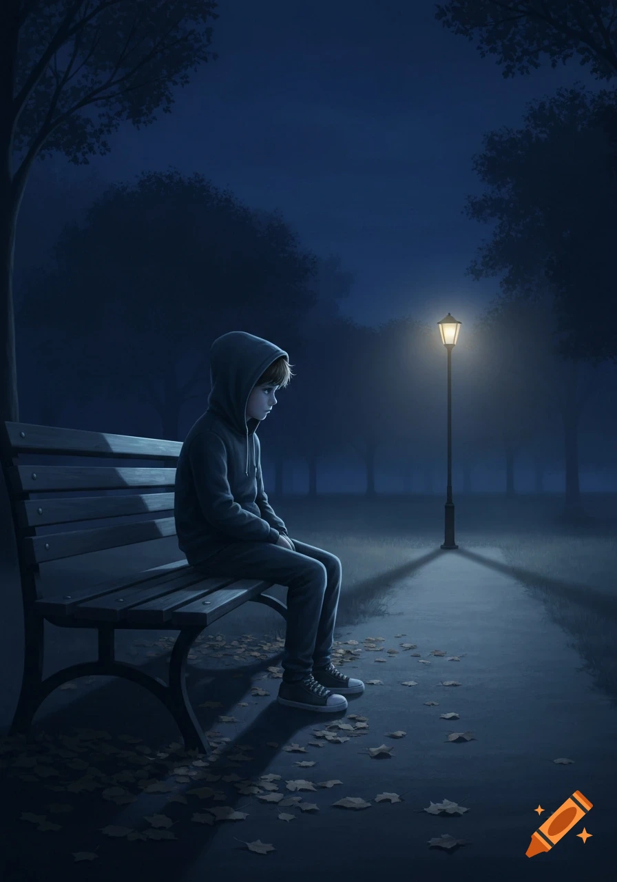 A digital art illustration of a young boy in a hoodie sitting alone on a park bench at night, lit by a distant lamppost.