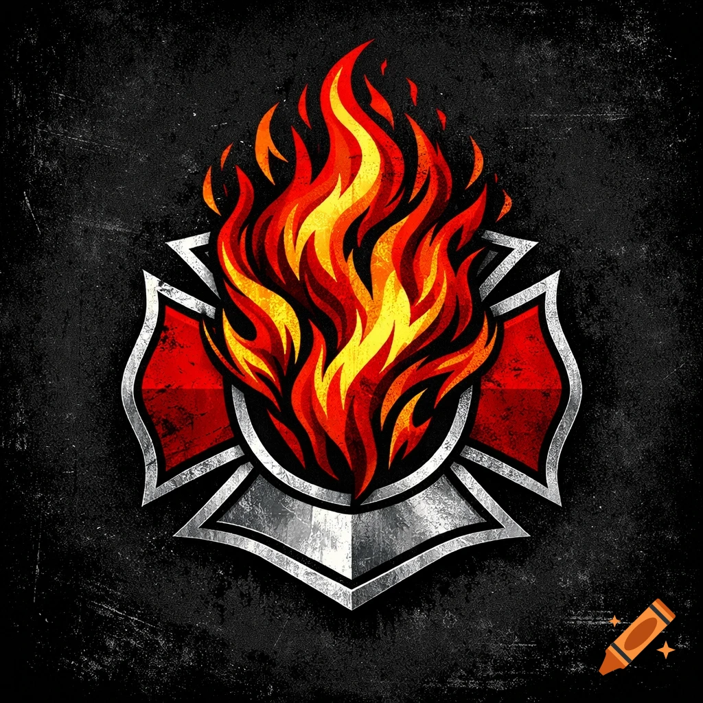 A stylized logo featuring a red and silver Maltese cross with vibrant red and yellow flames rising from its center, set against a dark, textured background.