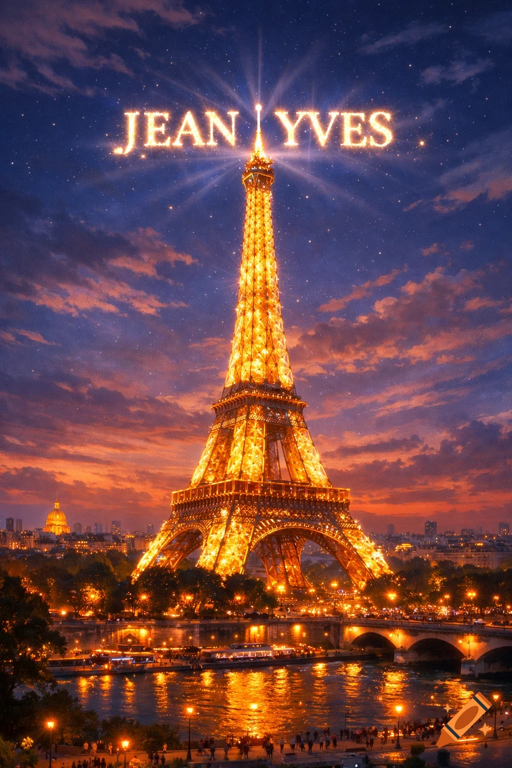 The illuminated Eiffel Tower stands against a starry sunset sky over Paris, with 'JEAN YVES' glowing above.