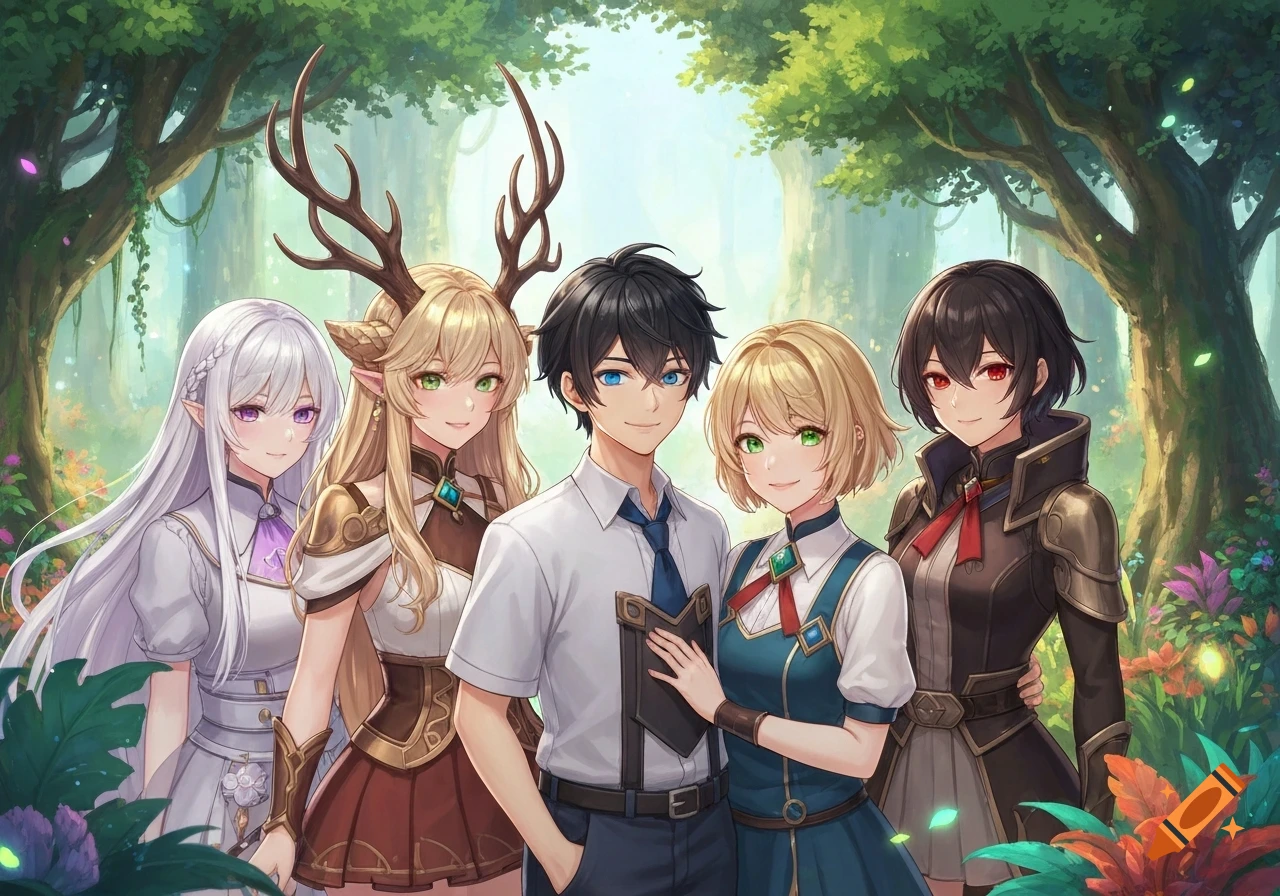 Five friendly anime-style characters, including one with antlers and one with elf ears, stand in a vibrant magical forest.