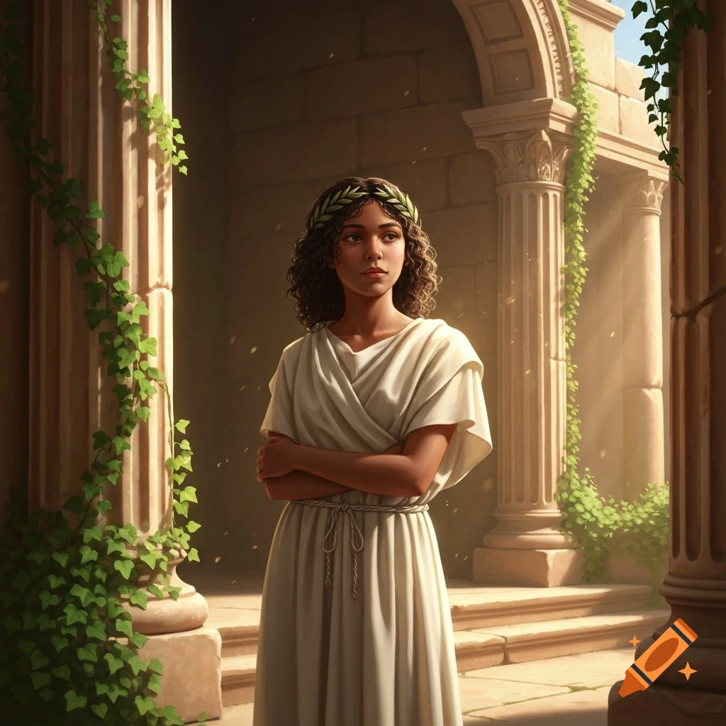 A young woman in a white toga and laurel wreath stands with crossed arms among ivy-covered stone columns in sunlit ancient Roman ruins.