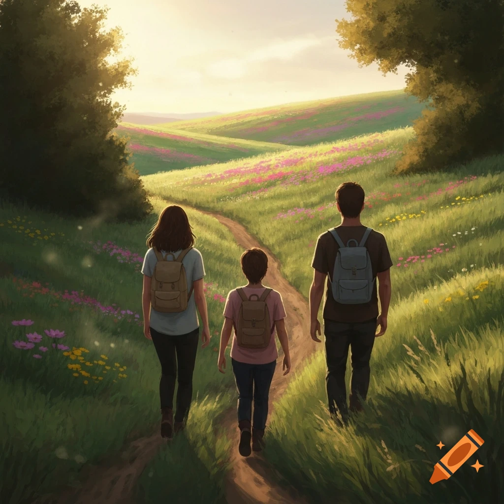 Three people with backpacks walk along a winding dirt path through a vibrant meadow filled with colorful wildflowers, towards a bright horizon.