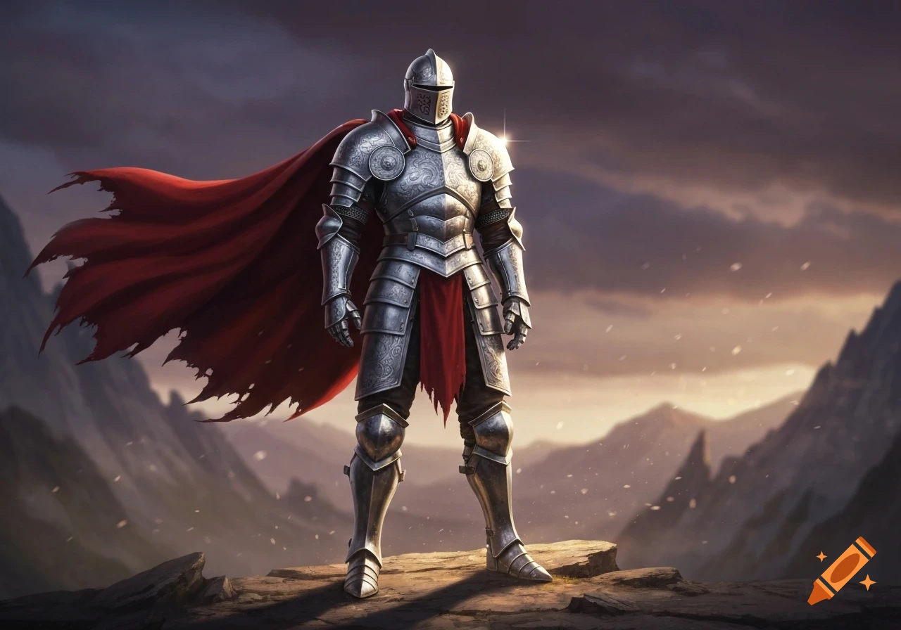A majestic knight in shining silver armor and a flowing red cape stands atop a rocky mountain peak at sunset, looking heroic.