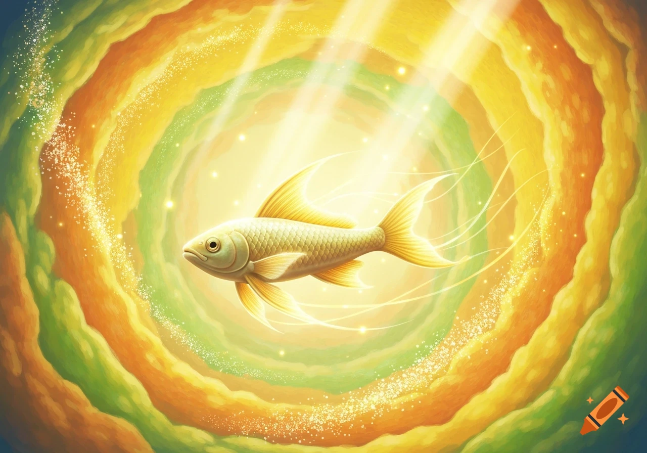 A golden fish with flowing fins swims amidst glowing particles in a vibrant, swirling tunnel of yellow, orange, and green light.