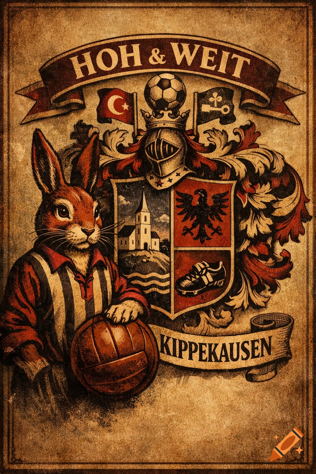 A vintage-style crest with 'HOH & WEIT KIPPEKAUSEN', featuring a rabbit in a striped jersey holding a football next to a shield with a church, eagle, and shoe.