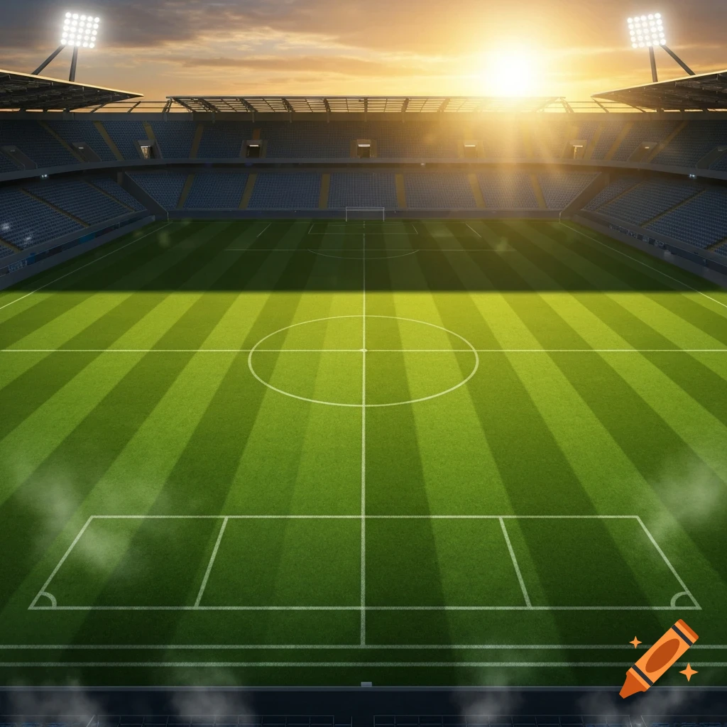 An empty football pitch inside a stadium with bright lights and a sunset sky overhead.