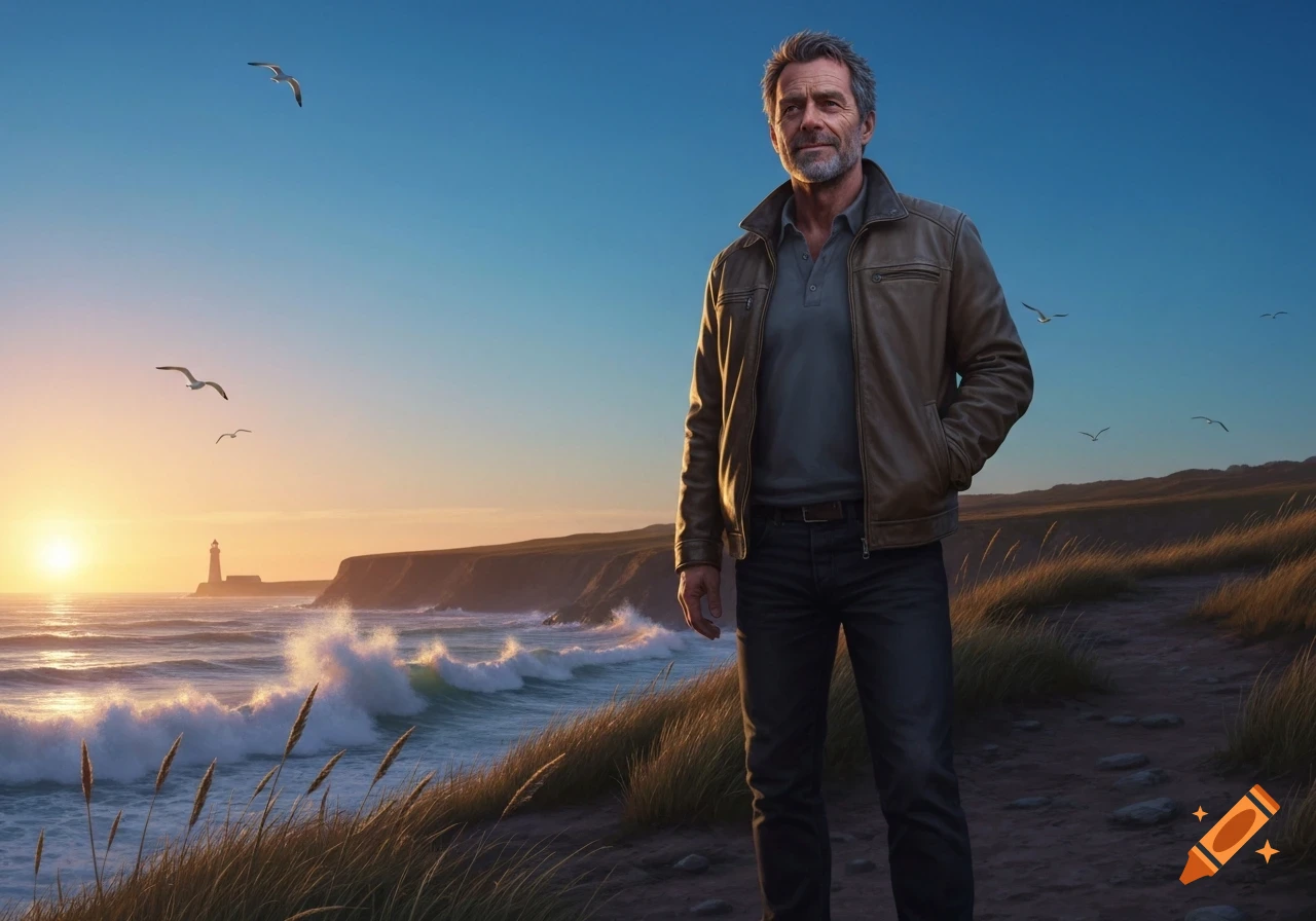 A man in a brown leather jacket stands on a path overlooking a coastal ...