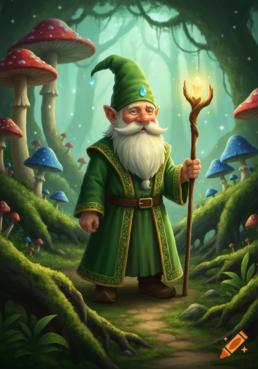 A cheerful gnome with a white beard and green robe stands in an enchanted forest, holding a glowing staff amidst colorful mushrooms.