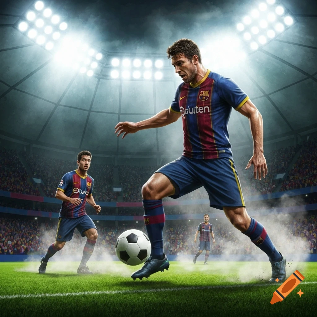 Photorealistic soccer scene: a player in a blue and red jersey dribbles the ball on a green field in a stadium under bright lights.