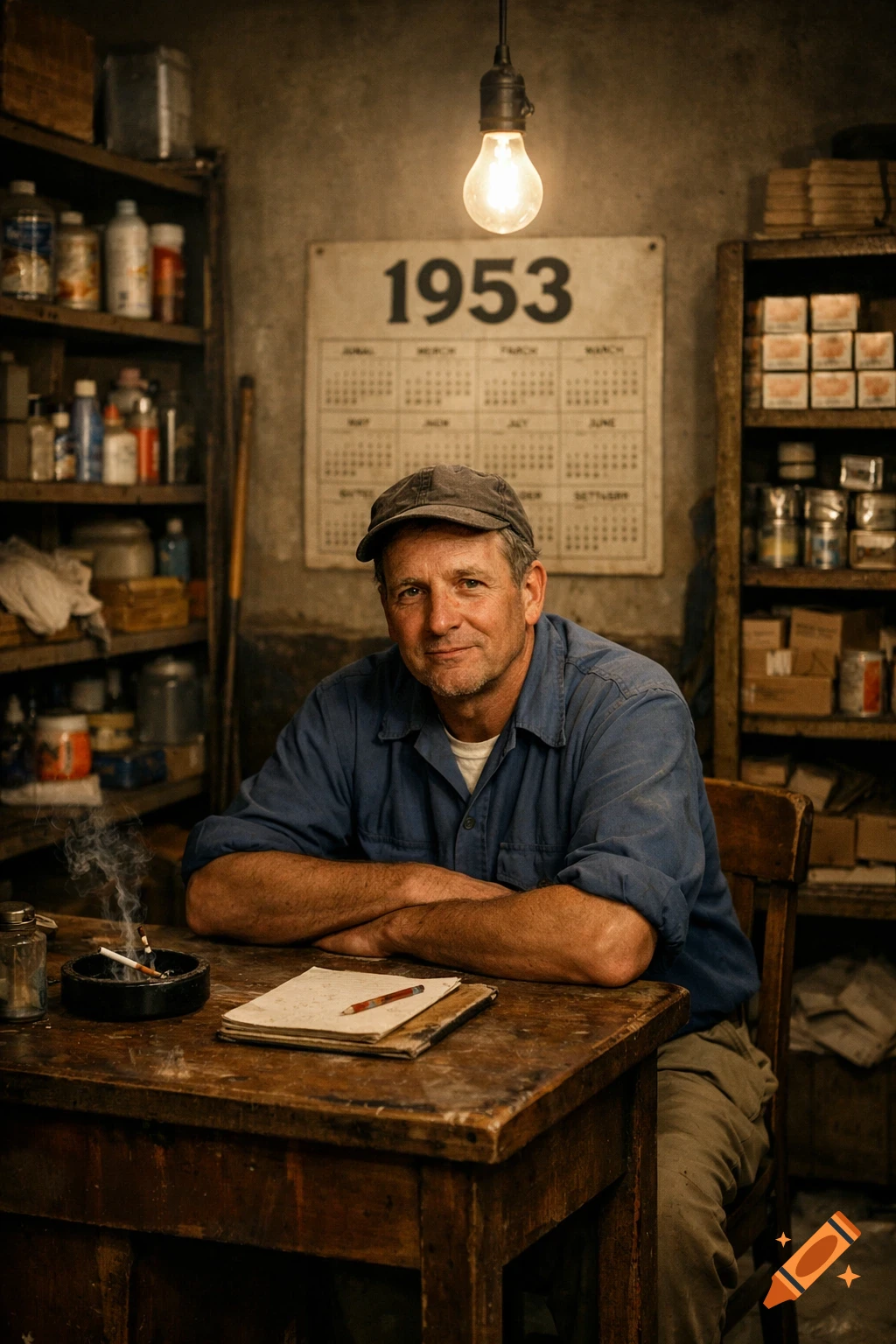Photorealistic portrait of a 1950s-era janitor in a blue shirt and cap, sitting at a desk in a cluttered supply room with a 1953 calendar.
