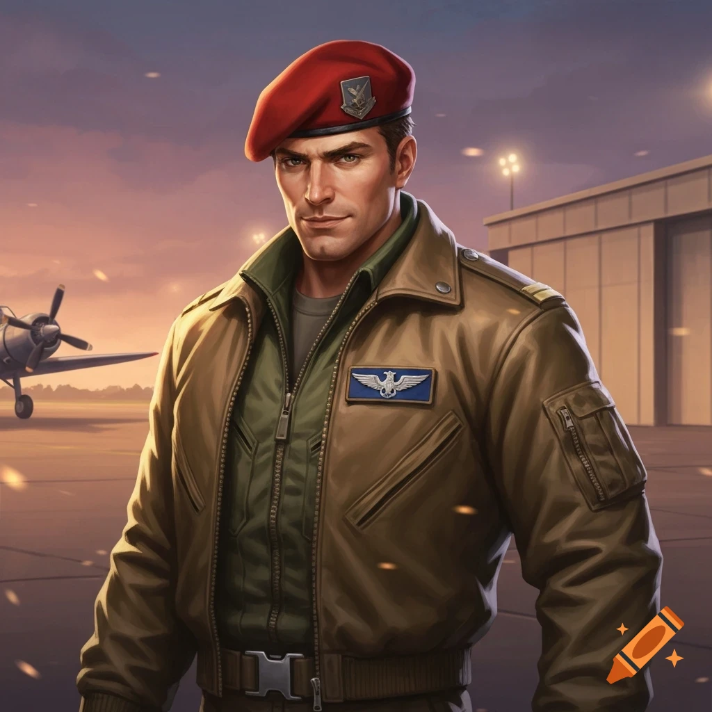 A pop art style illustration of a serious man in a red beret, brown leather jacket, and green flight suit on an airfield.