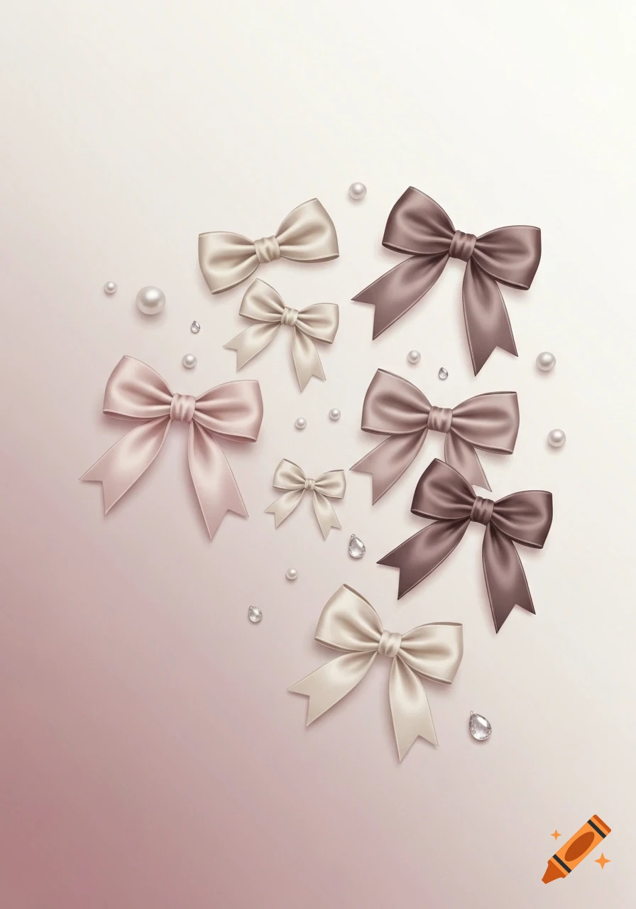 A collection of light pink, beige, and brown satin bows of various sizes, with scattered white pearls and clear gemstones, on a soft gradient background.