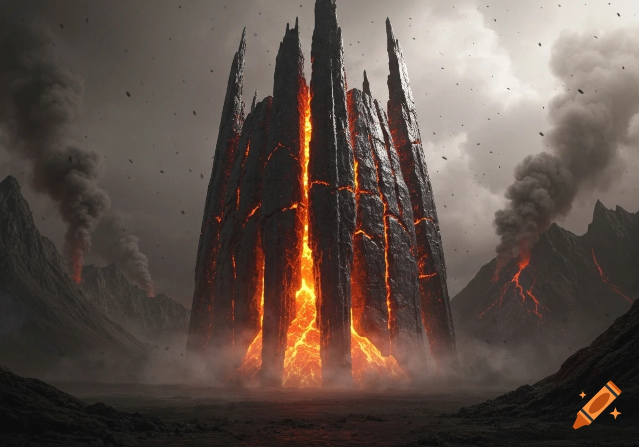 A massive, dark, jagged rock formation glowing with lava in a desolate volcanic landscape with smoking mountains.