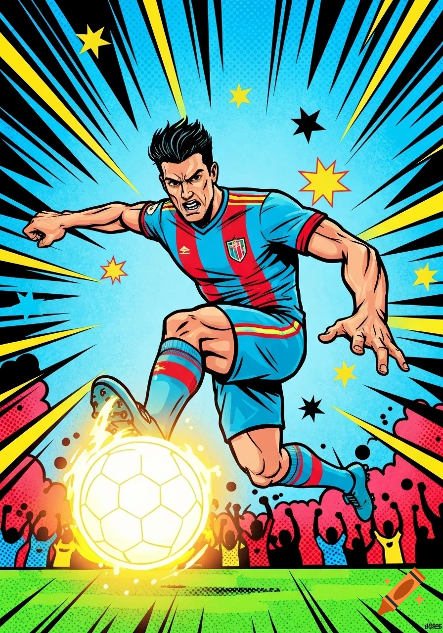 Dynamic comic book illustration of a soccer player in a blue and red uniform powerfully kicking a glowing soccer ball on a field with cheering fans.