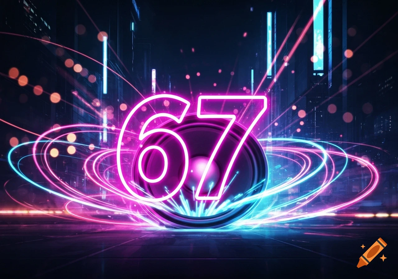 Neon pink and blue numbers '67' on a speaker, surrounded by light trails, in a dark futuristic city.