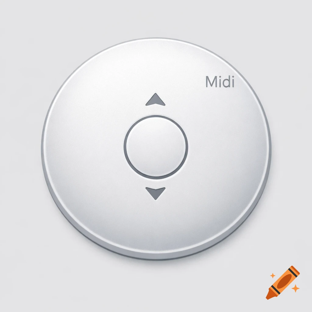 A close-up of a circular silver control pad with two grey arrow icons, a small circular button, and the word "Midi".