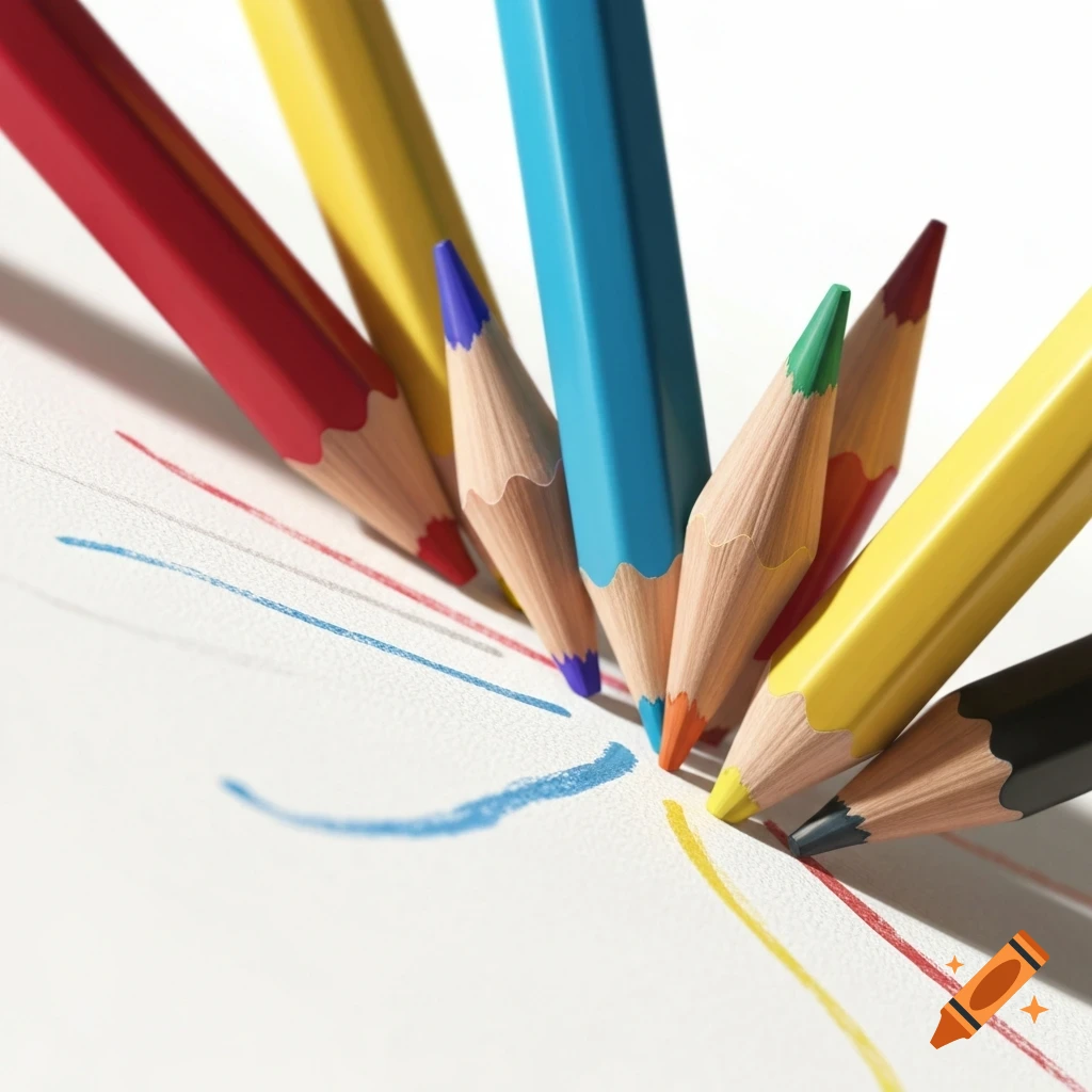 Close-up of vibrant colored pencils standing on a white textured paper with some drawn lines.