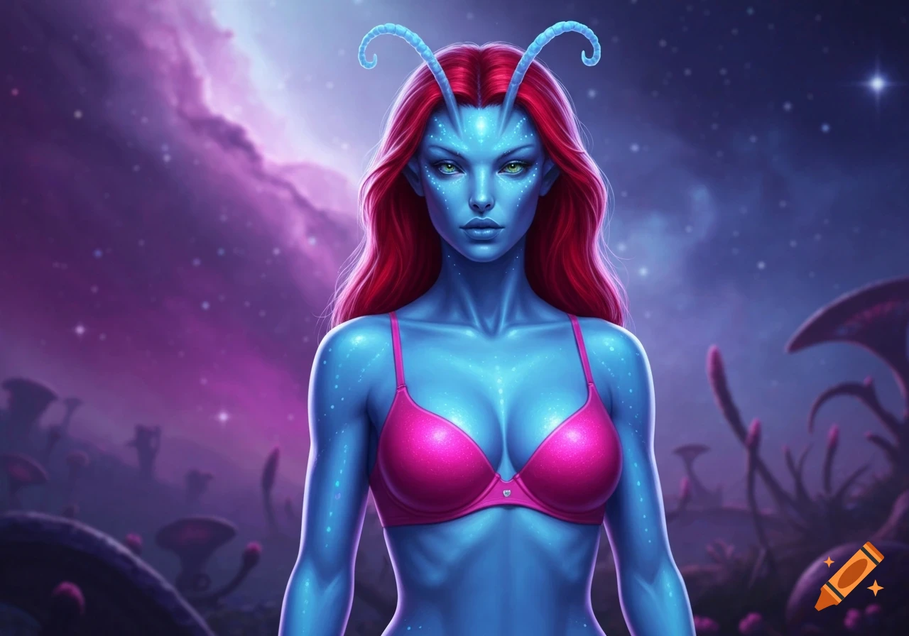 Digital art of a blue-skinned alien woman with red hair and antennae, wearing a pink bralette, in an alien landscape under a purple starry nebula.