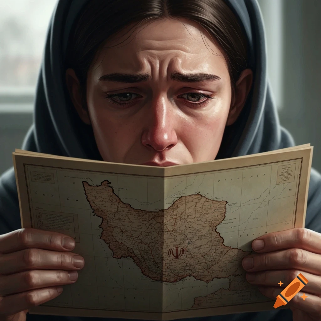 A close-up, photorealistic image of a distraught woman in a hoodie, holding and looking intently at a map of Iran.
