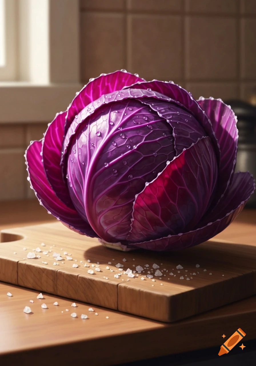 A vibrant red cabbage covered in water droplets sits on a wooden cutting board with scattered salt crystals.