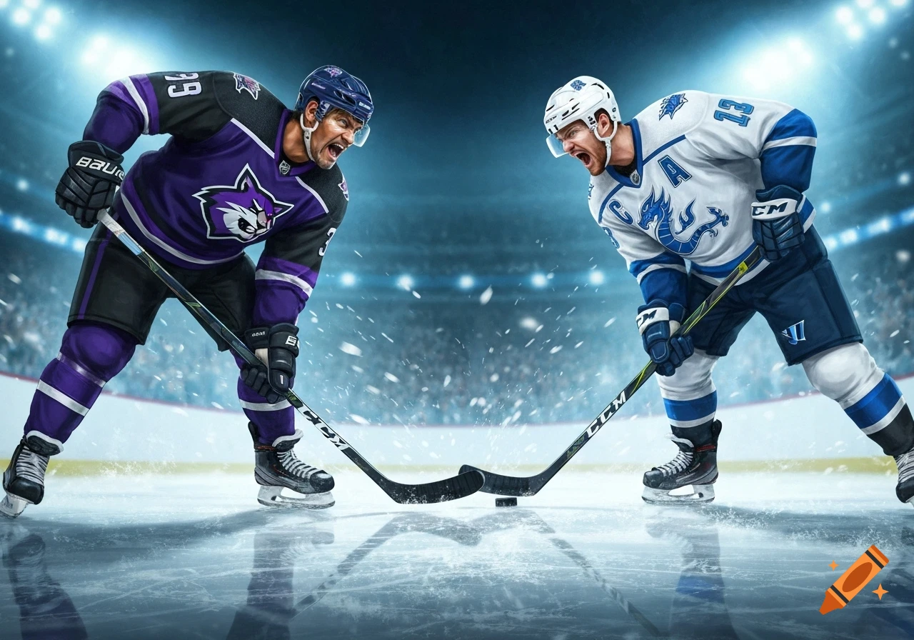 Two aggressive hockey players, one in purple with a bobcat logo and the other in white with a blue dragon, face off on an ice rink in a stadium.