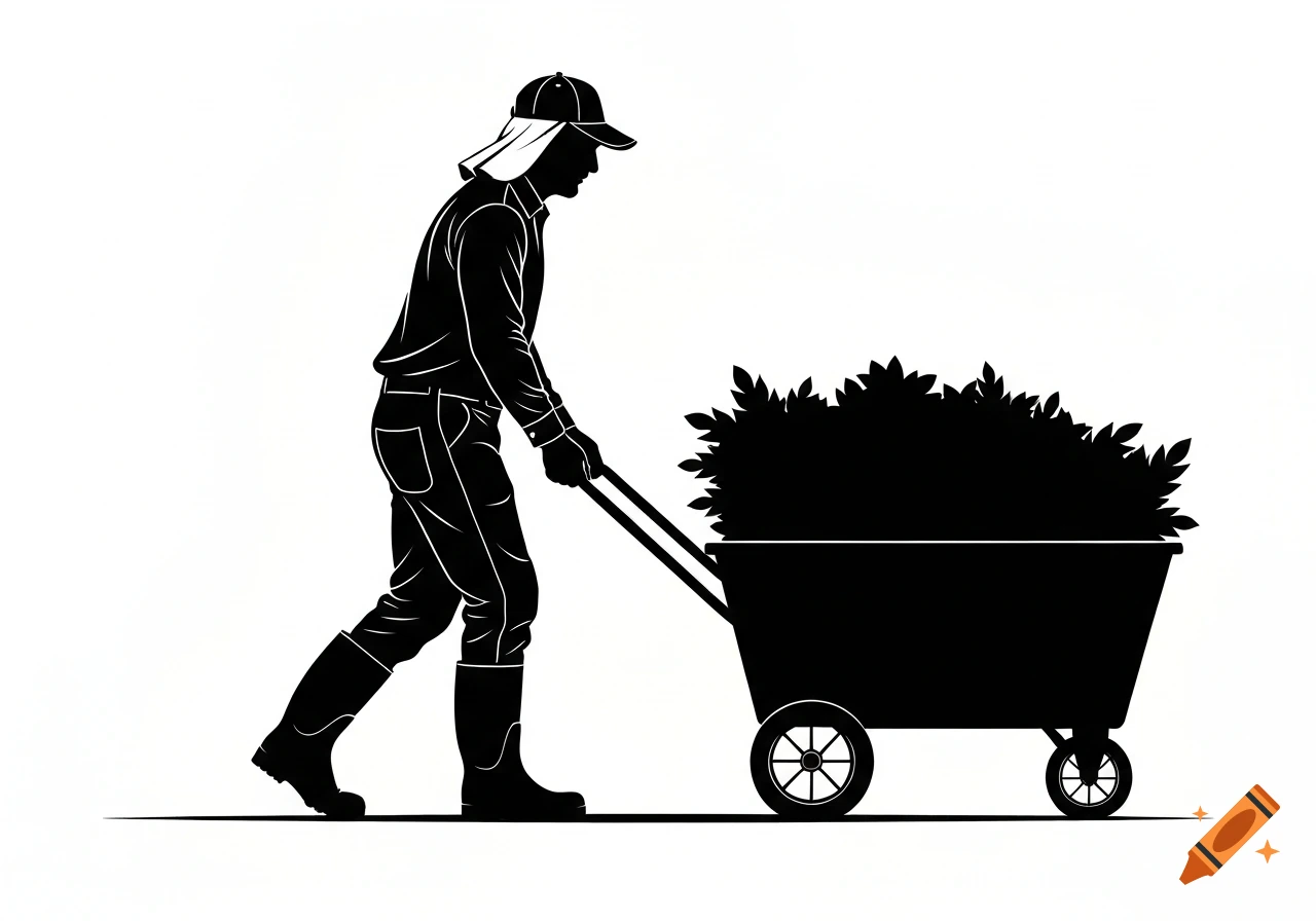 Silhouette of a man in a hat and boots, pulling a garden cart full of plants, black on white.