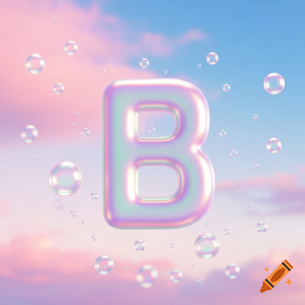 A large, iridescent, pastel letter B floats in a dreamy pink and blue sky filled with smaller bubbles.