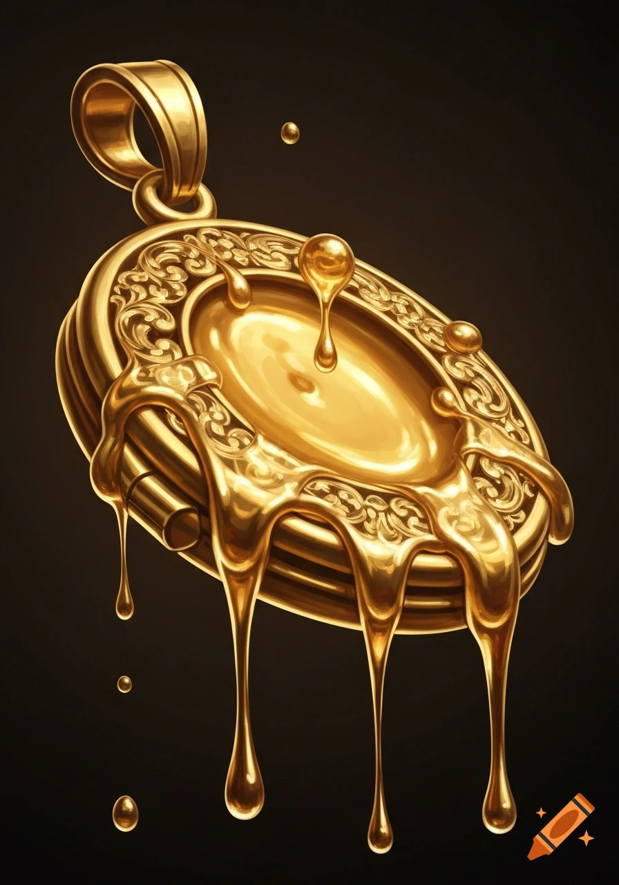 A luxurious golden locket with ornate carvings, dripping with molten gold against a dark background.