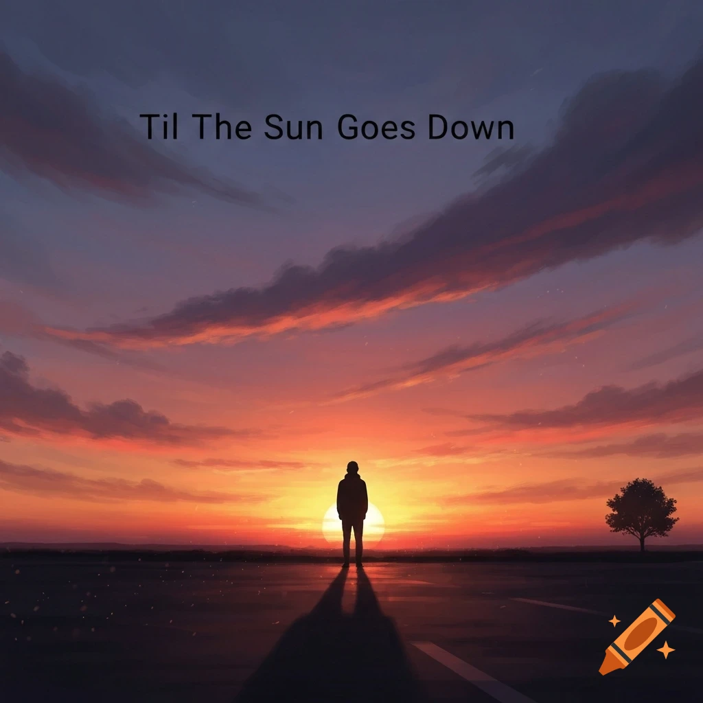 A person's silhouette stands on a road facing a vibrant orange and purple sunset, with text 'Til The Sun Goes Down' in the sky.