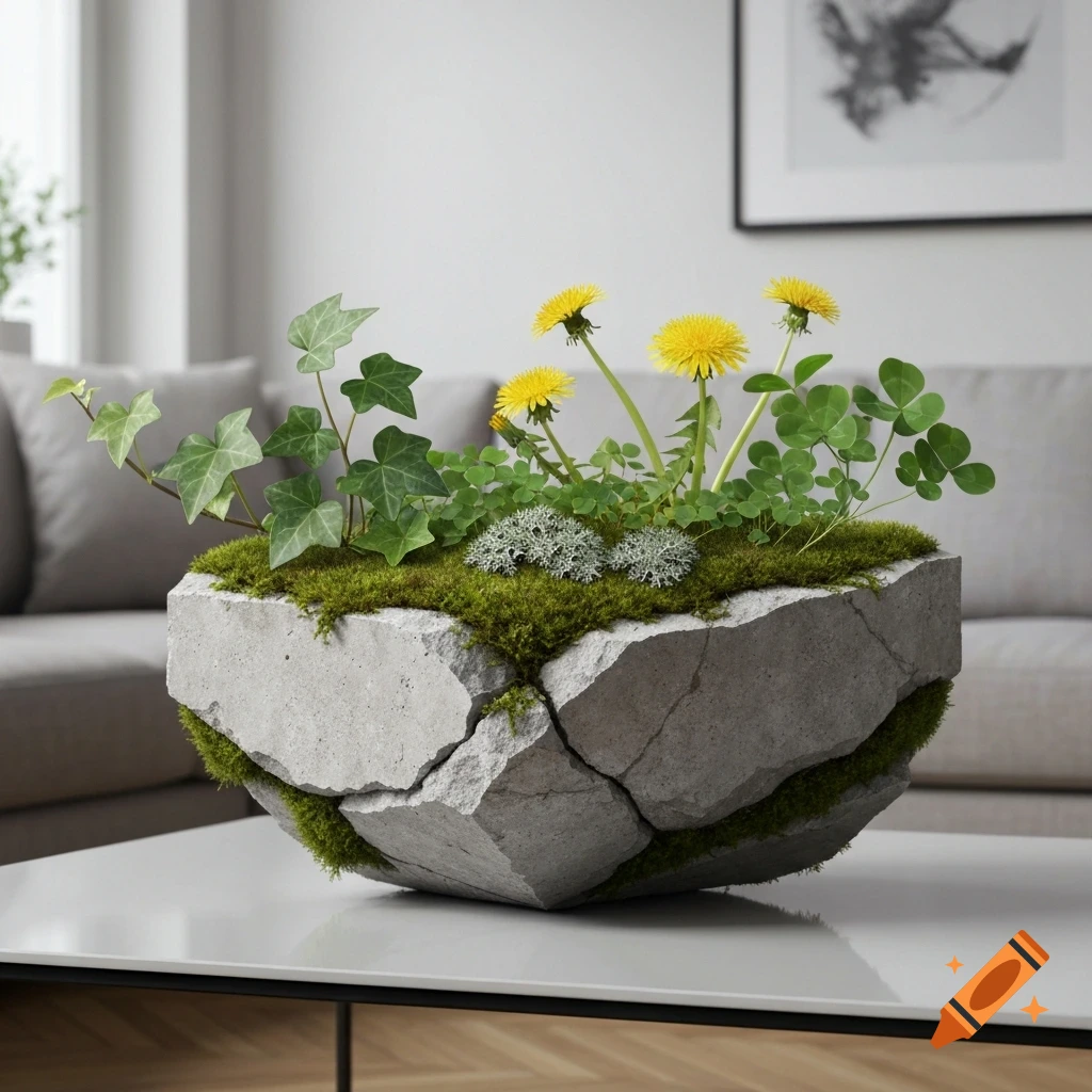 A photorealistic close-up of a cracked concrete planter filled with moss, ivy, clover, yellow dandelions, and lichen on a modern coffee table.