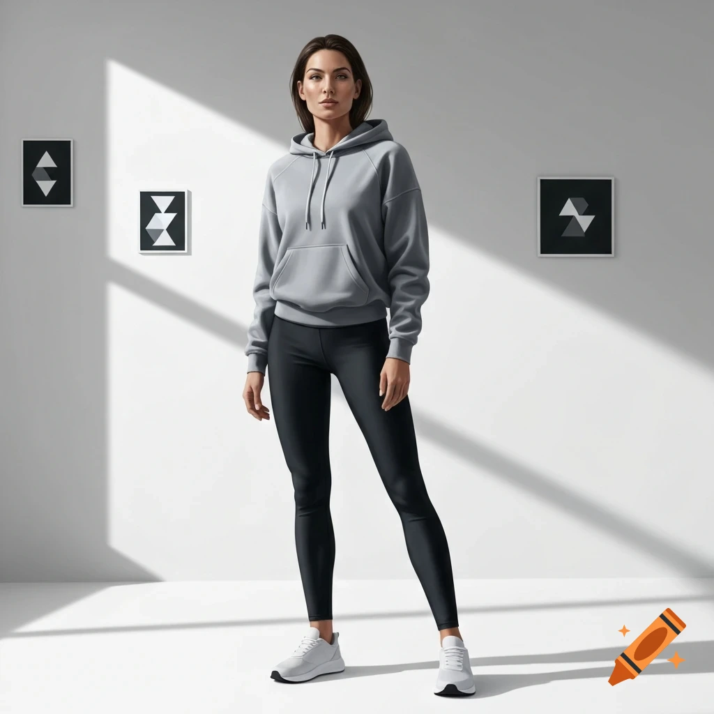 A woman in a grey hoodie and black leggings stands in a minimalist room with geometric art on the wall.