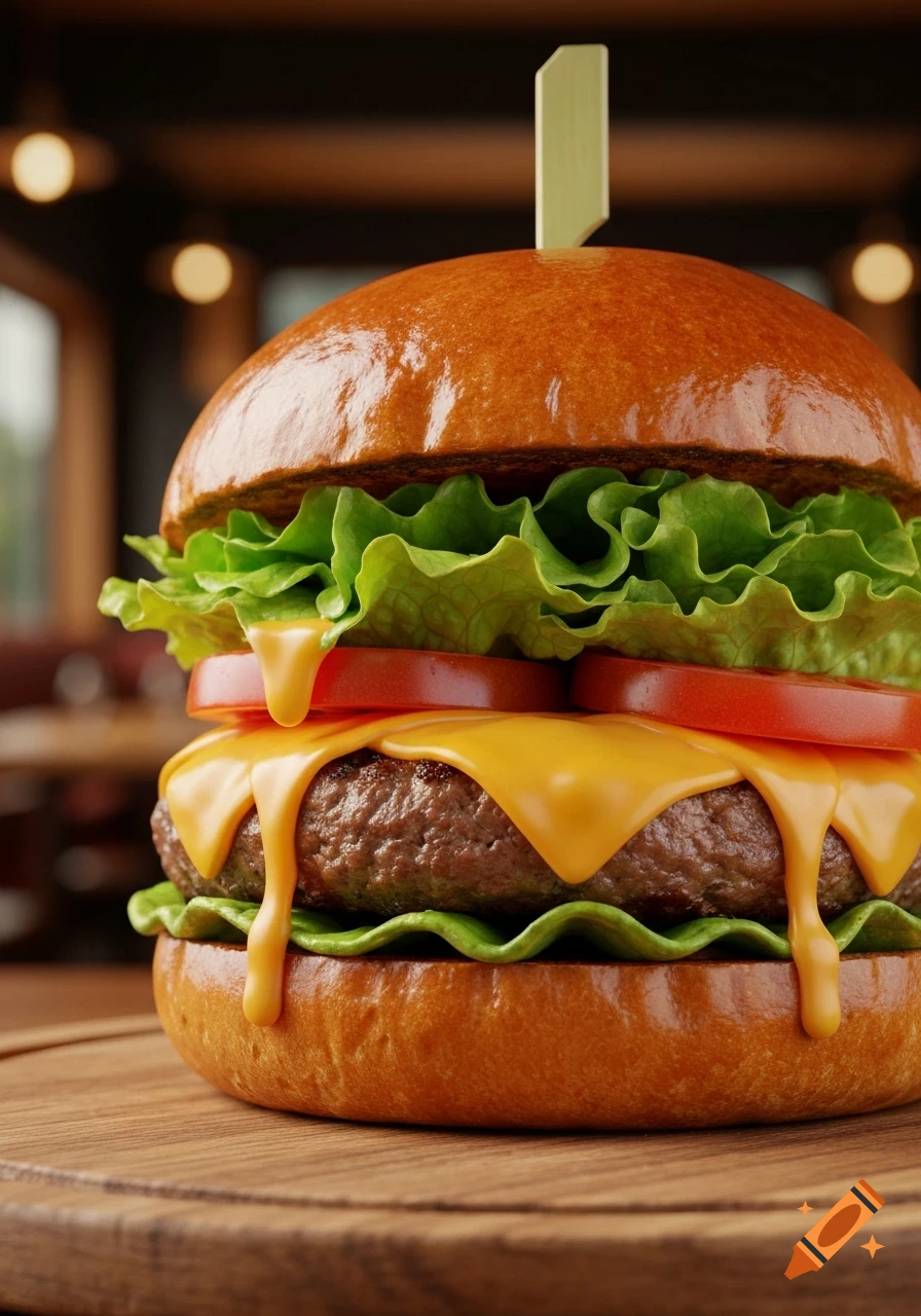 A close-up of a gourmet burger with melted cheese, fresh lettuce, tomato, and a skewer on a wooden board.